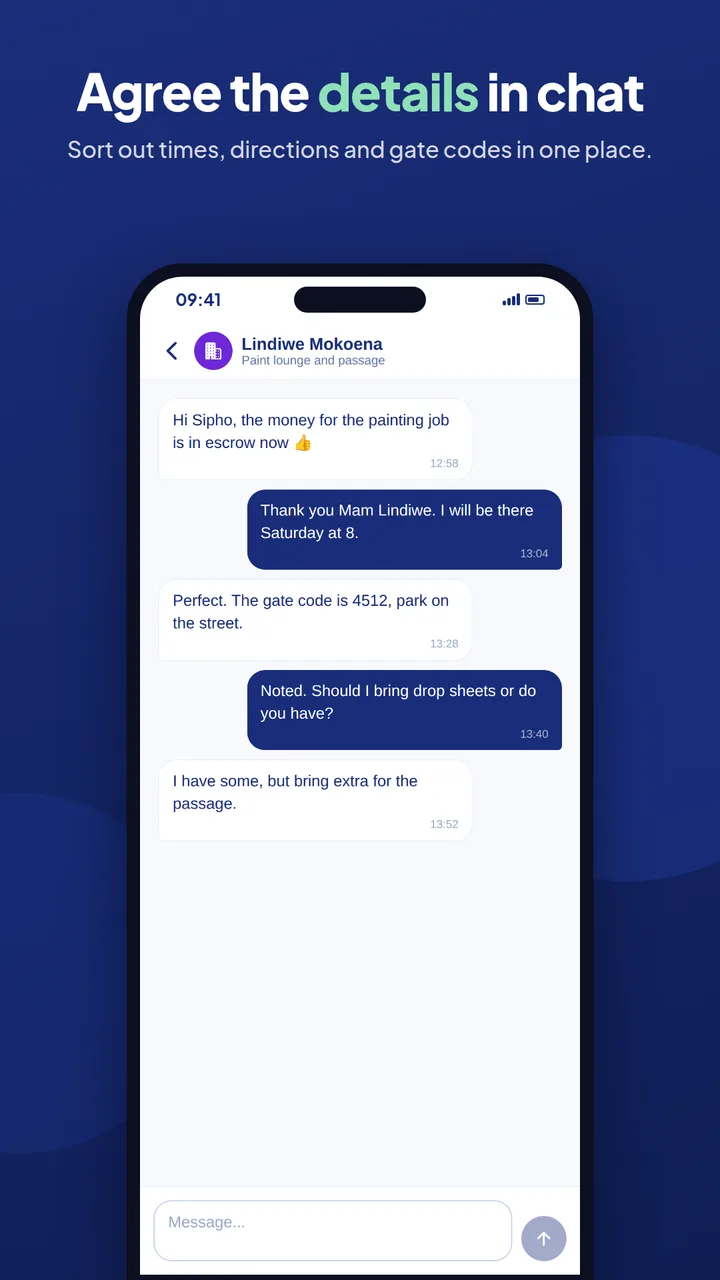 Agree the details in chat: a conversation between an employer and a worker about the time and gate code for a job.