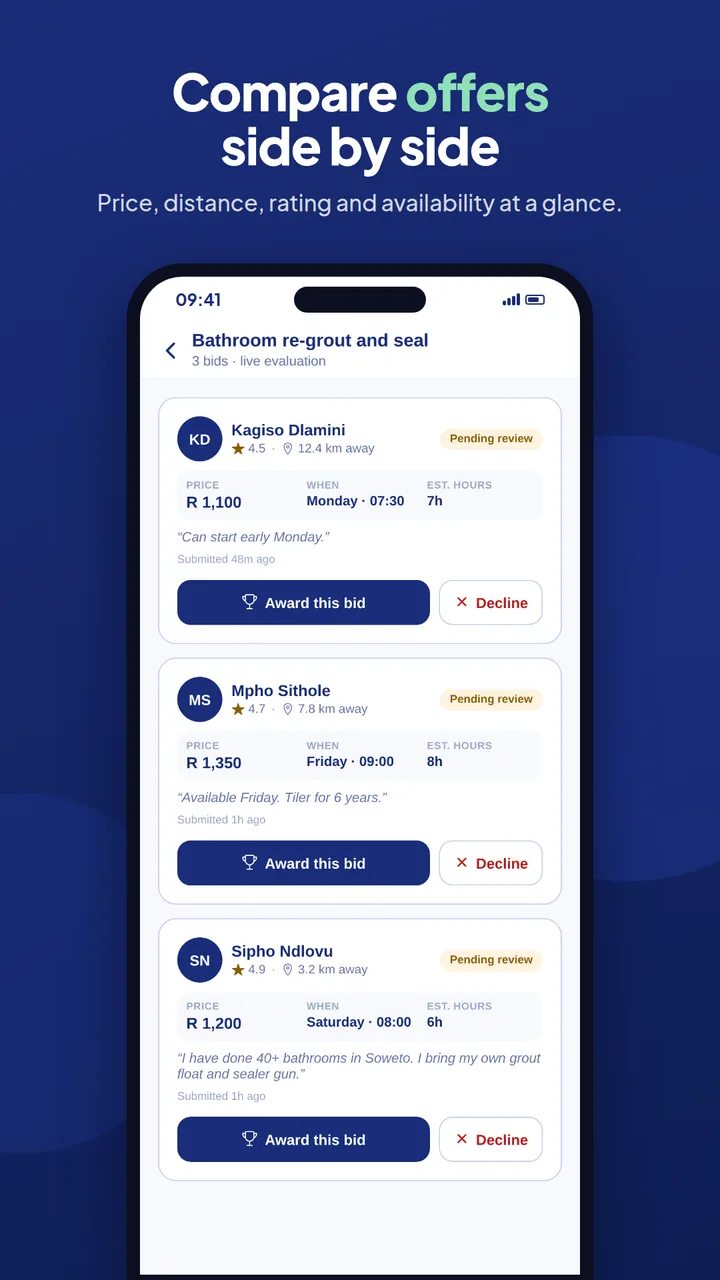 Compare offers side by side: three bids on one job, each with price, day, estimated hours and the worker’s rating and distance.