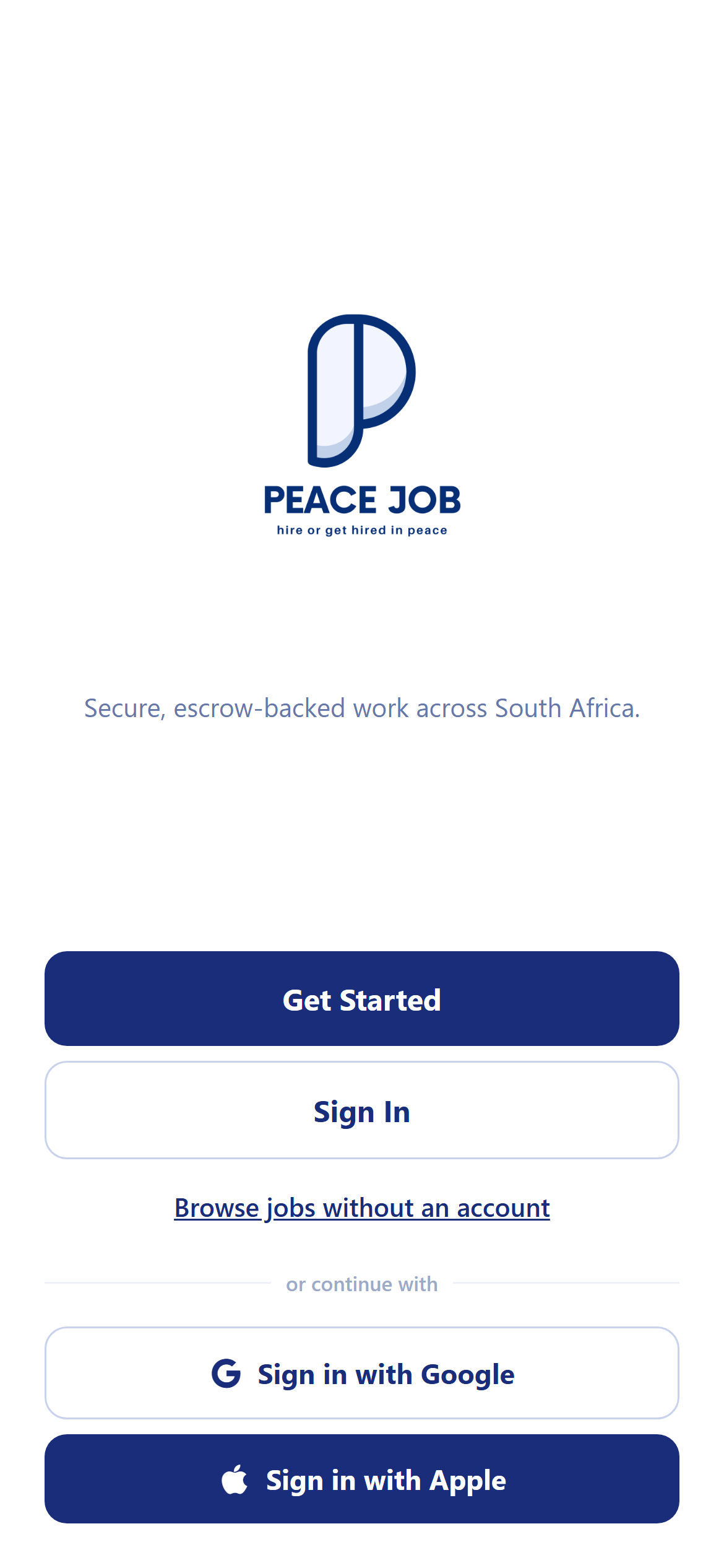 The PeaceJob app's welcome screen: Get Started, Sign In, or browse jobs without an account.